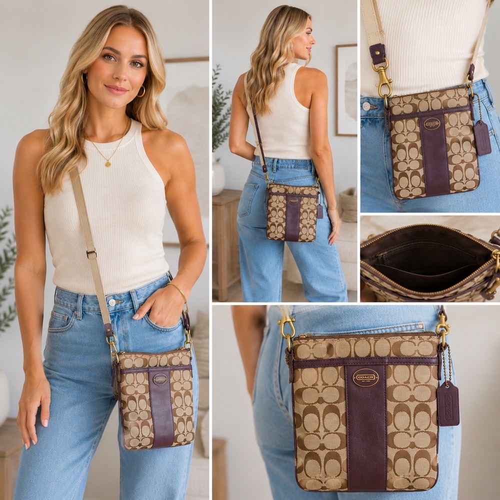 Coach Signature Crossbody Bag – Khaki & Plum